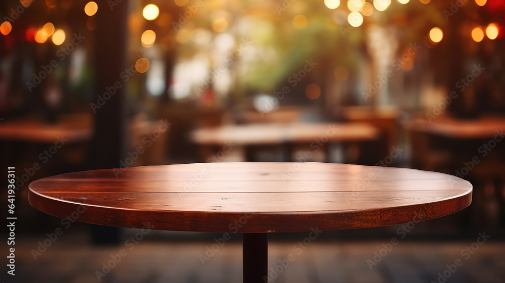 Poster wooden table with saucer and cup. generative ai