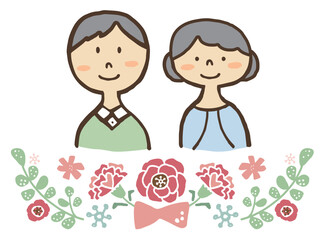 かわいい敬老の日のおじいちゃんとおばあちゃんと花／手描きイラスト素材