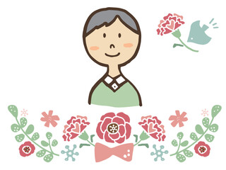 かわいい敬老の日のおじいちゃんと花／手描きイラスト素材