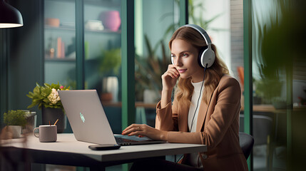 Young businesswoman with headphones sitting in front of laptop and working from home - obrazy, fototapety, plakaty