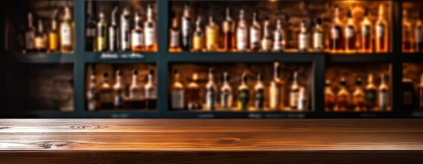 Stylish interior on blurred background. Vintage vibes. Rustic cafe with empty wooden table for place product. Bottles and blurs. Abstract display