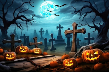 Halloween pumpkins near a tree in a cemetery with a scary house. Halloween background at night forest with moon and bats.