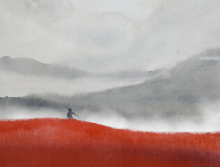 watercolor landscape red field mountain fog and the man stand alone. traditional oriental ink asia art style