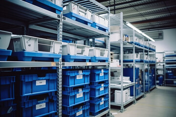 Fototapeta premium A large warehouse filled with neatly stacked plastic containers and boxes. Large space for storing and moving goods. Logistics. Trade in the modern world.