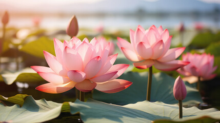 close-up the pink lotus flower on the lake