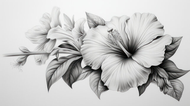 pencil drawing of hibiscus flower realistic bright lighting