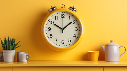 Fototapeta na wymiar Yellow wall clock in the kitchen, Bright color. Generative Ai