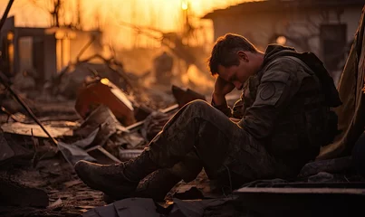 Fototapeten Photo of a soldier sitting amidst destruction in a war-torn landscape © uhdenis
