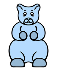 Blue gummy bear. A sweet jelly treat in the shape of an animal. Color vector illustration. Isolated background. Cartoon style. Delicious dessert for kids. Idea for web design.