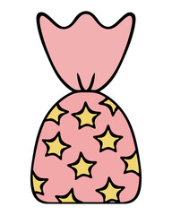 Candy chocolate truffle. Color vector illustration. Sweet in a pink wrapper with yellow stars. Isolated background. Cartoon style. Idea for web design