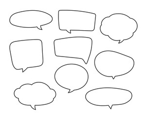 Speech symbol talk and thinking hand drawn style. Bubble with clouds thin line set.