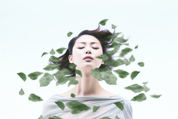 In an illusionary digital painting, a half portrait of a beautiful woman with Asian features is framed by flowing green leaves against a white backdrop. Generative AI.