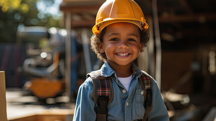 Kid with construction worker cap - obrazy, fototapety, plakaty