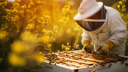 Beekeeper Collecting Honey: Showcasing the Fascinating Honey Harvesting Process in Action - obrazy, fototapety, plakaty