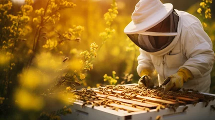 Fotobehang Beekeeper Collecting Honey: Showcasing the Fascinating Honey Harvesting Process in Action © Linus