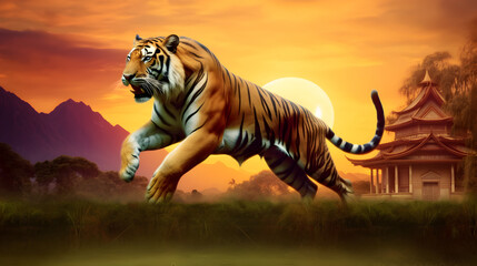 Fototapeta na wymiar Fantastic tiger at beautiful sunset in asian history. AI generated