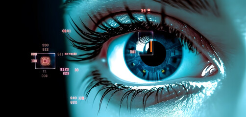 Woman eye with digital coding iris screen. Concept of iris recognition. AI generated