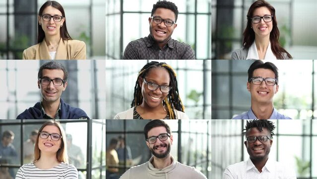 Collage made of portraits of multiethnic people, businessmen indoors.