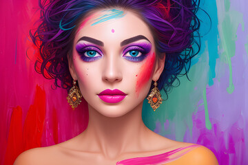 Vibrant and captivating portrait of a womans face adorned with an intricate blend of colours, AI generated model