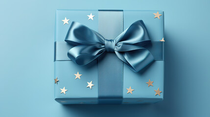 Luxury gift box with a blue bow on blue. High angle view monochrome close up. Generative Ai