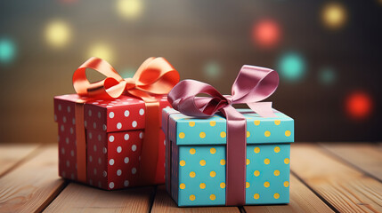 A little gift box with red bow on white wall. Generative Ai