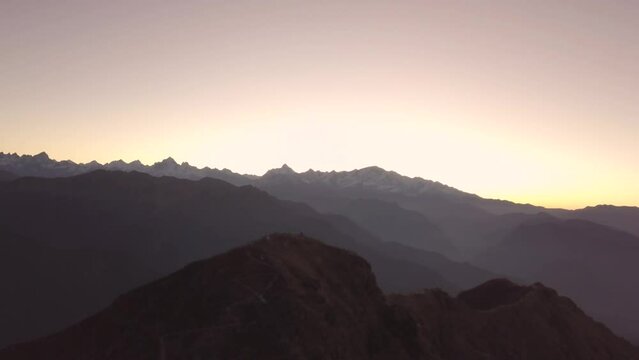 Mesmerizing view of sunset in Himalayas from Tungnath Chandrashila hiking trail at Chopta Uttarakhand, India.
