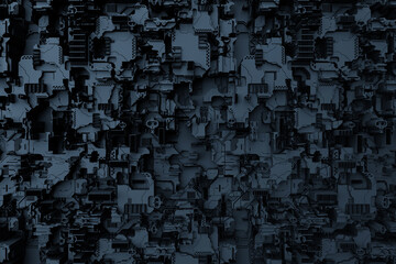 Detail of a futuristic  machine. 3D illustration of a futuristic wall made of various details. Cyberpunk background. Industrial wallpaper. Grunge details