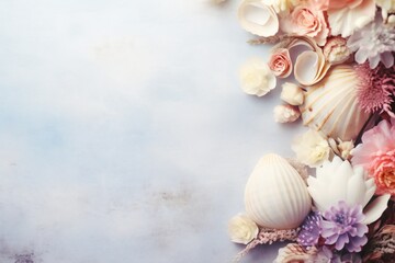 Fototapeta na wymiar Seashells and flowers frame . Empty space for romantic love story.