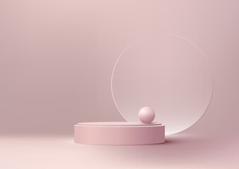 3D Pink Podium with Glass Ball and Soft Pink Background