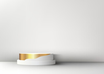 3D White Podium with Golden Liquid Stripe on White Background