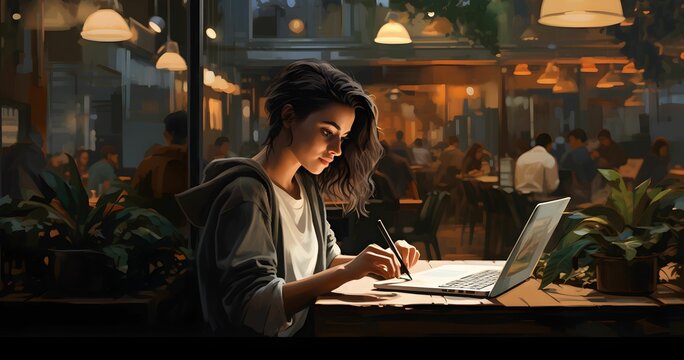 A Woman working on laptop in cafe, Woman Sitting with laptop Generative AI