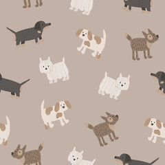 Seamless vector pattern with different  dogs. Vector hand-drawn doodles.Children illustrations in beige colors on brown background