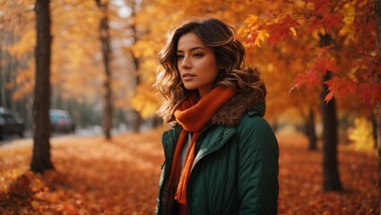 woman in the autumn forest - obrazy, fototapety, plakaty