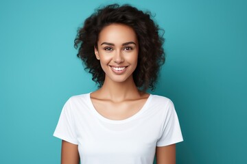 Close up of a young adult 30s age woman smiling and wearing a white t-shirt on a turquoise...