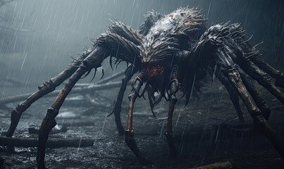 Photo of a giant spider with glowing eyes in the rain - obrazy, fototapety, plakaty