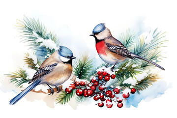 Christmas Poster. illustration of Christmas Background with branches of christmas tree and birds