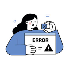 A business woman is holding a webpage with an error message. Business People. Vector design in blue monocolor with outline.