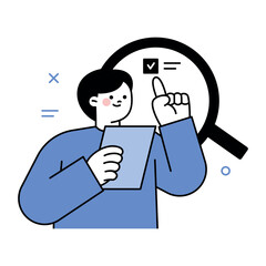 A business man is holding a document and searching. Business People. Vector design in blue monocolor with outline.
