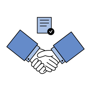 recommend clip art: Partnership concept shaking hands and contract. Business People. Vector design in blue monocolor with outline.