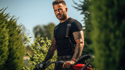 Tattooed gardener cutting plants. Smiling and professional. Generative AI