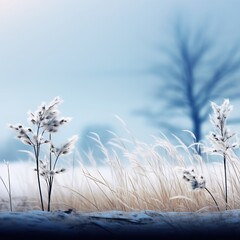 A background showcasing delicate wild plants adorned with frost against a serene blue sky, offering an exquisite and inspiring setting. Photorealistic illustration, Generative AI