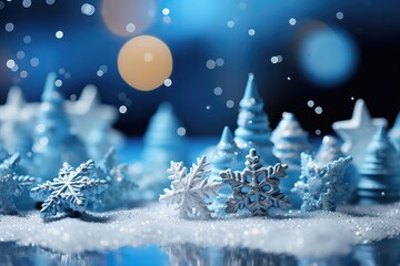 Fototapeta na wymiar A miniature winter wonderland, featuring delicate snowflakes, a festive Christmas tree, twinkling stars, and softly blurred lights in the background. Photorealistic illustration, Generative AI