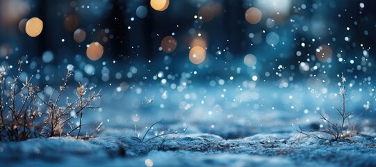 In a wide-format customizable background, a blend of softly blurred lights and a snowy backdrop creating an evocative canvas for creative customization. Photorealistic illustration, Generative AI