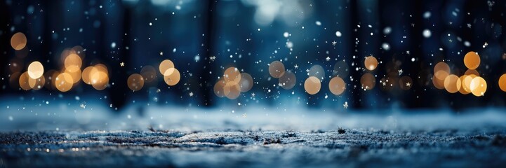Fototapeta premium In a wide-format customizable background, a blank canvas inviting your content creation, with blurred holiday lights adorning the forest in the background. Photorealistic illustration, Generative AI