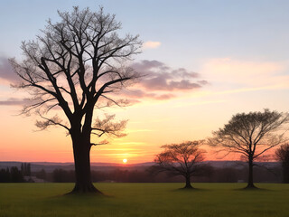 Single tree on field during sunset