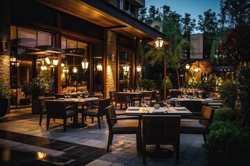 Fototapeta na wymiar Luxury restaurant with tables and chairs in the evening. Restaurant exterior