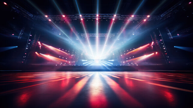 Online event entertainment concept. Background for concert. Blue and red stage spotlights. Empty stage with blue spotlights.
