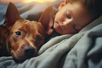 Peaceful Coexistence: A Dog Sleeping Next to a Human Baby on Pastel Colors AI Generated