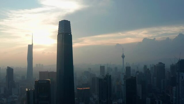 Kuala Lumpur city skyline sunset aerial view, Malaysia