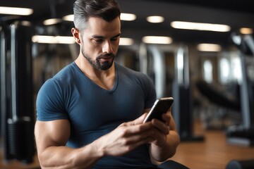 man using a mobile phone in the gym - obrazy, fototapety, plakaty